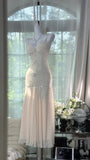 Ndyad White Spaghetti Strap Sheath Chiffon Beaded Dress, Elegant Evening Gowns HZ1024