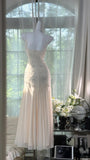 Ndyad White Spaghetti Strap Sheath Chiffon Beaded Dress, Elegant Evening Gowns HZ1024