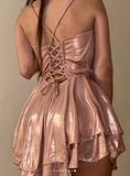 Ndyad Rose Gold Spaghetti Strap A-Line Short Birthday Dress Glitter Graduation Prom Dresses HZ1024