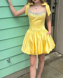 Ndyad Yellow Straps A-Line Satin Short Party Dresses Homecoming Dress HZ1024