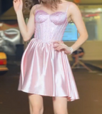 Ndyad Rose Pink A-Line Spaghetti Strap Satin Short Prom Dress, Sweet 18 Dress HZ1024