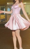 Ndyad Rose Pink A-Line Spaghetti Strap Satin Short Prom Dress, Sweet 18 Dress HZ1024