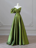 Evafashion Line V Neck Satin Green Long Prom Dress, Green Long Formal Dress HZ1024