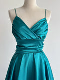 Ndyad Turquoise Spaghetti Strap A-Line Satin Short Vintage Prom Dresses Birthday Party Dress HZ1024