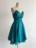 Ndyad Turquoise Spaghetti Strap A-Line Satin Short Vintage Prom Dresses Birthday Party Dress HZ1024