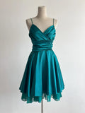 Ndyad Turquoise Spaghetti Strap A-Line Satin Short Vintage Prom Dresses Birthday Party Dress HZ1024