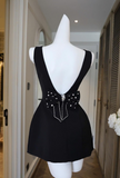 Ndyad Black V-neck A-Line Satin Backless Short Homecoming Dress with Bow Party Dress HZ1024