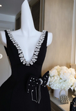 Ndyad Black V-neck A-Line Satin Backless Short Homecoming Dress with Bow Party Dress HZ1024