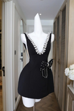 Ndyad Black V-neck A-Line Satin Backless Short Homecoming Dress with Bow Party Dress HZ1024