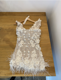 Ndyad White V-neck Bodycon Beaded Applique Short Birthday Dress, Fashion Party Dress HZ1024