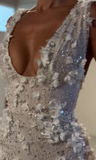 Ndyad White V-neck Bodycon Beaded Applique Short Birthday Dress, Fashion Party Dress HZ1024