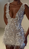 Ndyad White V-neck Bodycon Beaded Applique Short Birthday Dress, Fashion Party Dress HZ1024