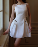 Ndyad White Beateau A-Line Satin Short Evening Gowns Homecoming Dress HZ1024
