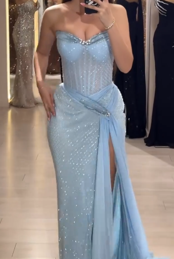 Ndyad Sky Blue Strapless Sheath Lace Tulle Long Prom Dresses , Formal Evening Gowns HZ1024