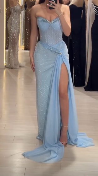 Ndyad Sky Blue Strapless Sheath Lace Tulle Long Prom Dresses , Formal Evening Gowns HZ1024