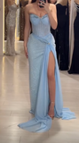 Ndyad Sky Blue Strapless Sheath Lace Tulle Long Prom Dresses , Formal Evening Gowns HZ1024