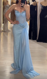 Ndyad Sky Blue Strapless Sheath Lace Tulle Long Prom Dresses , Formal Evening Gowns HZ1024