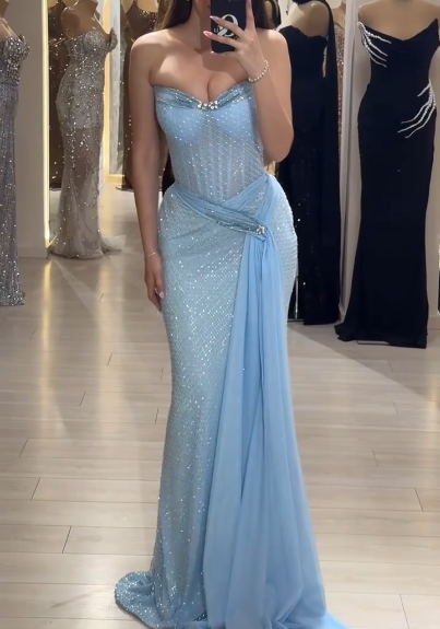 Ndyad Sky Blue Strapless Sheath Lace Tulle Long Prom Dresses , Formal Evening Gowns HZ1024
