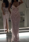 Ndyad Light Pink Spaghetti Straps Sheath Tulle Beaded Long Evening Gowns Sweet Graduation Dress HZ1024