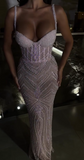 Ndyad Light Pink Spaghetti Straps Sheath Tulle Beaded Long Evening Gowns Sweet Graduation Dress HZ1024