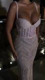 Ndyad Light Pink Spaghetti Straps Sheath Tulle Beaded Long Evening Gowns Sweet Graduation Dress HZ1024