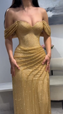 Ndyad Gold Off Shoulder Sheath Lace Long Evening Gowns, Fashion Slit Prom Dresses HZ1024