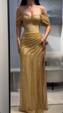 Ndyad Gold Off Shoulder Sheath Lace Long Evening Gowns, Fashion Slit Prom Dresses HZ1024
