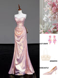 Ndyad Light Pink Sweetheart Mermaid Satin Long Prom Dresses, Formal Evening Gowns HZ1024