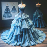 Ndyad Blue Sweetheart Neck A-Line Layered Tulle Long Prom Dresses Quincea?era Dress HZ1024