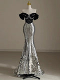 Ndyad Silver Mermaid Off Shoulder Evening Gowns Chic Velvet Sequin Long Prom Dresses HZ1024