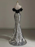 Ndyad Silver Mermaid Off Shoulder Evening Gowns Chic Velvet Sequin Long Prom Dresses HZ1024