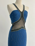 Ndyad Blue Mermaid Halter Evening Gowns Vintage Beaded Dress HZ1024