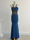 Ndyad Blue Mermaid Halter Evening Gowns Vintage Beaded Dress HZ1024