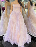 Ndyad Lilac A-Line Spaghetti Strap Long Prom Dresses, Glitter Birthday Dress HZ1024