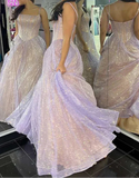 Ndyad Lilac A-Line Spaghetti Strap Long Prom Dresses, Glitter Birthday Dress HZ1024
