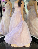 Ndyad Lilac A-Line Spaghetti Strap Long Prom Dresses, Glitter Birthday Dress HZ1024