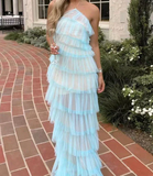 Ndyad Sky Blue Sheath Halter Tulle Long Prom Dresses, Fashion Party Dress HZ1024