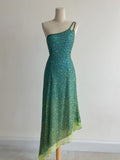 Ndyad Blue Sheath One Shoulder Beaded Chiffon Birthday Party Dress, Fairytale Prom Dresses HZ1024