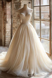 Ndyad Light Champagne Sweetheart Neck A-Line Chiffon Long Wedding Dress HZ1024