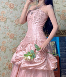 Ndyad Pink A-Line Strapless Taffeta Beaded Quinceanera Dresses Long Evening Gowns HZ1024