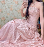 Ndyad Pink A-Line Strapless Taffeta Beaded Quinceanera Dresses Long Evening Gowns HZ1024