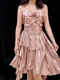 Ndyad Rose Gold Pink Spaghetti Straps Sheath Satin Short Prom Dresses Birthday Party Dress HZ1024