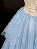 Ndyad Blue Strapless A-Line Glitter Tulle Long Prom Dresses Sweet 16 Dress HZ1024