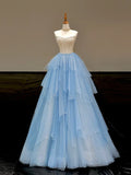 Ndyad Blue Strapless A-Line Glitter Tulle Long Prom Dresses Sweet 16 Dress HZ1024