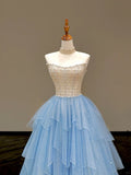 Ndyad Blue Strapless A-Line Glitter Tulle Long Prom Dresses Sweet 16 Dress HZ1024