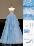 Ndyad Blue Strapless A-Line Glitter Tulle Long Prom Dresses Sweet 16 Dress HZ1024
