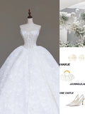 Ndyad White Strapless A-Line Lace Applique Long Wedding Dress HZ1024