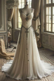 Ndyad Beige Spaghetti Strap A-Line Chiffon Long Wedding Dress HZ1024