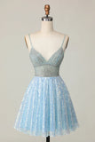 Ndyad Light Blue A Line V Neck Sequins Homecoming Dress Short Sweet Birthday Dress HZ1024