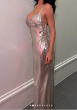 Ndyad Spaghetti Straps Gold Sheath Long Evening Gowns HZ1024